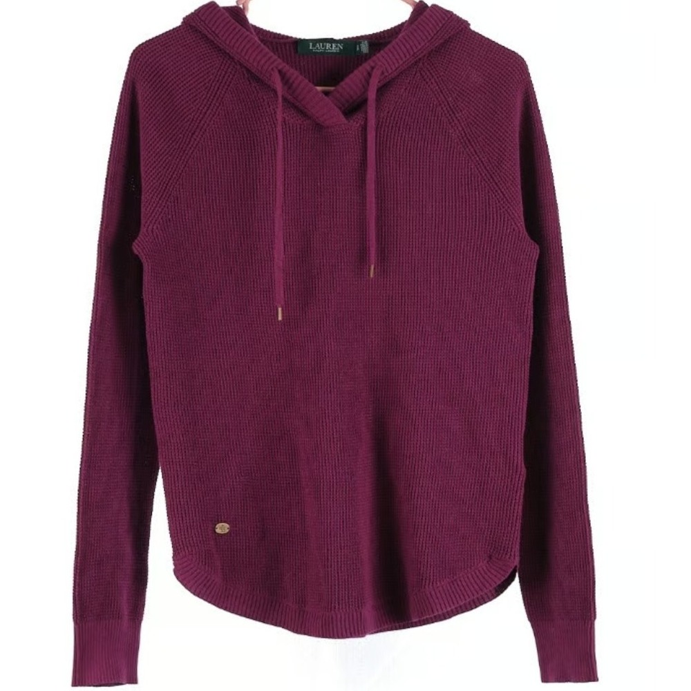 Lauren Ralph Lauren Women's Burgundy  Purple Hooded Ribbed Cable Knit Sweater M